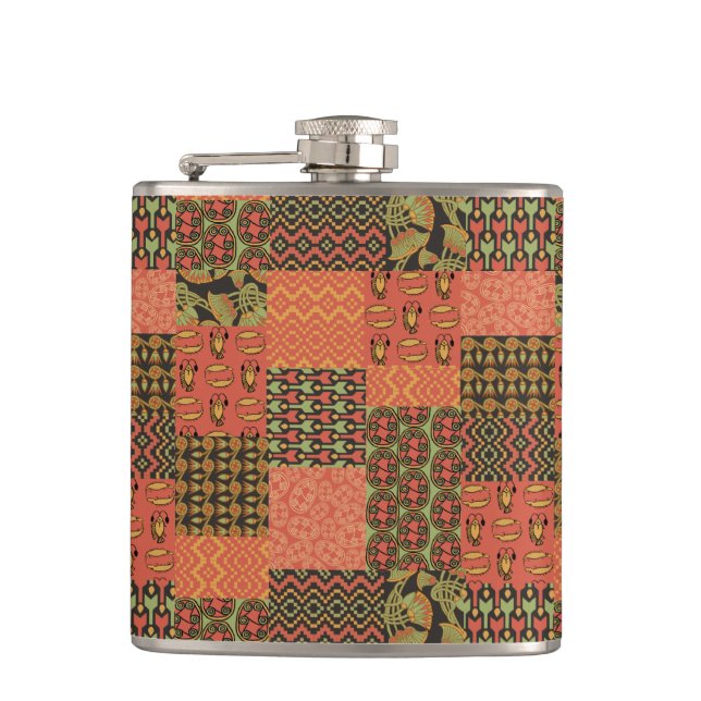 Chic Egyptian Tribal Faux Patchwork Hip Flask Fickplunta (Framsidan)