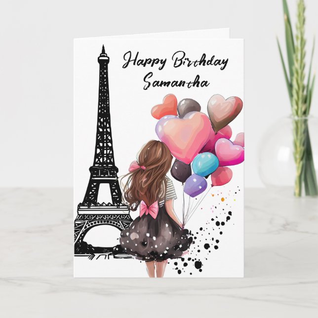 Chic Eiffel Torn, Girl, Heart Ballothday Kort (Framsida)