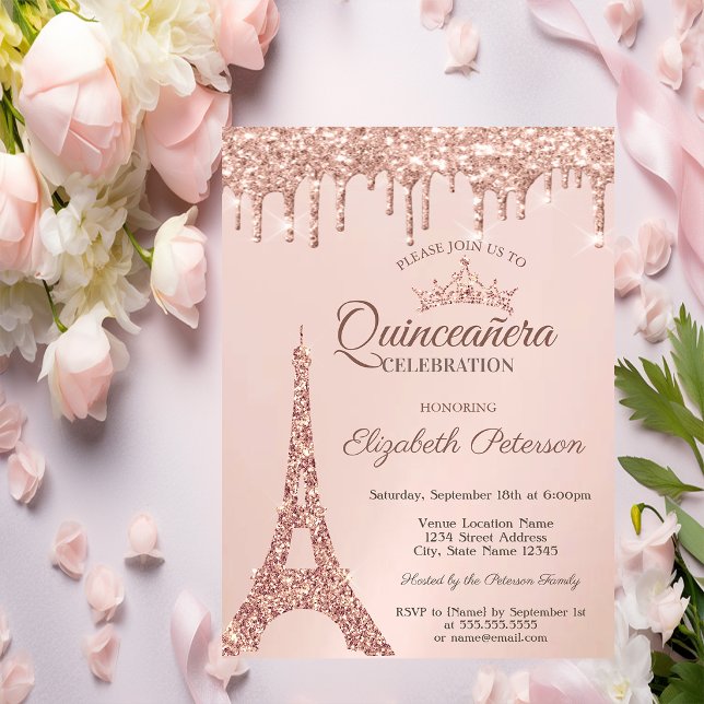 Chic Eiffeltorn, Rosa Guld Drips Quinceañera  Inbjudningar (Skapare uppladdad)