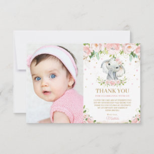 Chic Elefant  Rosa Blommigt 1:a födelsedagsfoto Tack Kort