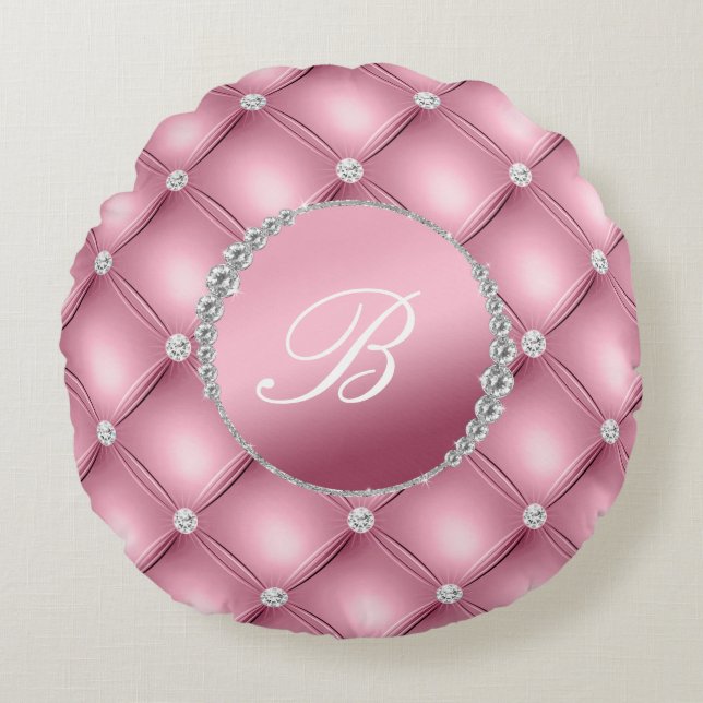 Chic Elegance Rosa and Diamonds Monogrammed Rund Kudde (Framsidan)