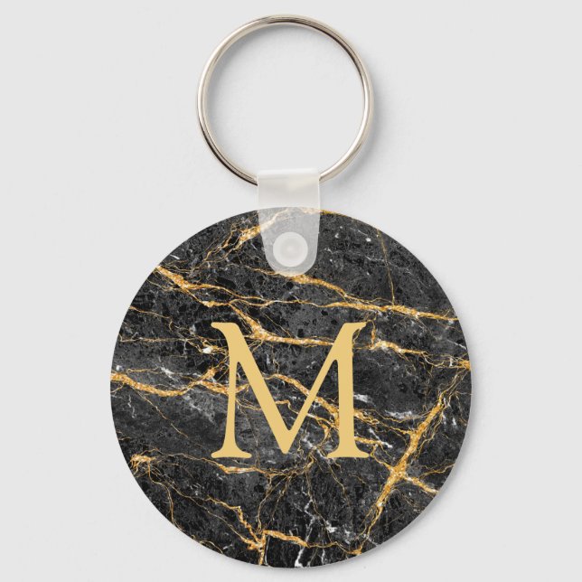 Chic Elegant Black Guld Marble Monogram Nyckelring (Framsida)