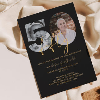 Chic Elegant Black Guld Photo Script 50:e födelsed Inbjudningar