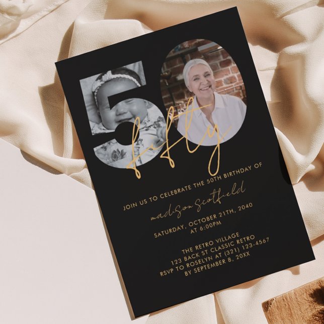 Chic Elegant Black Guld Photo Script 50:e födelsed Inbjudningar (Skapare uppladdad)