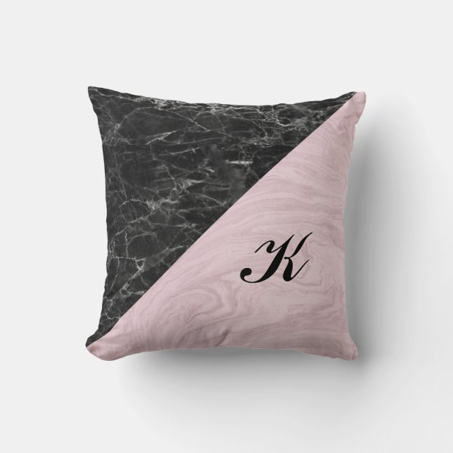 Chic Elegant Black Rosa Marble Monogrammed Kudde (Framsida)