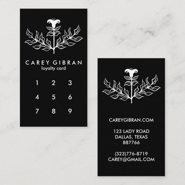 Chic Elegant Black White Lily Line Teckning ANPASS Lojalitetskort (Fram/baksida)