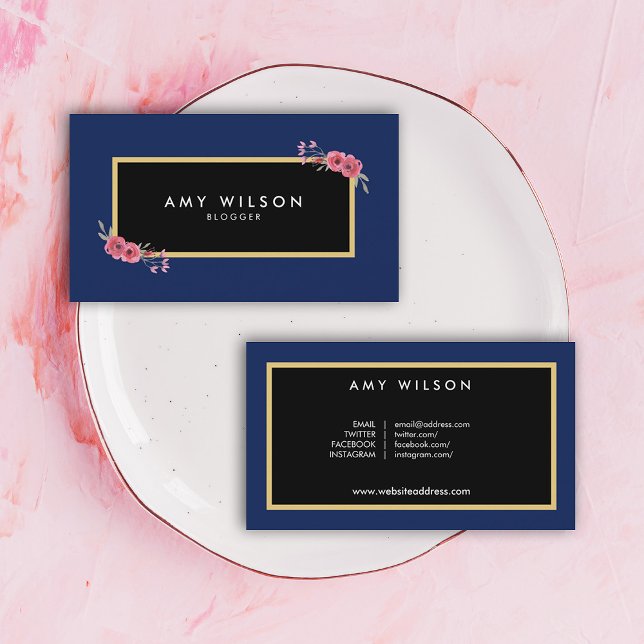 Chic Elegant Bloggare Social Media Blue Blommigt  Visitkort (Skapare uppladdad)