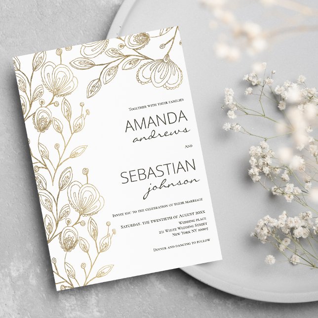 Chic elegant, blommigt guld snöre bröllop inbjudningar (Chic elegant white gold lace floral theme wedding)