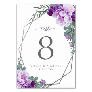 Chic Elegant Blommigt Lila och Silver Bröllop Bordsnummer