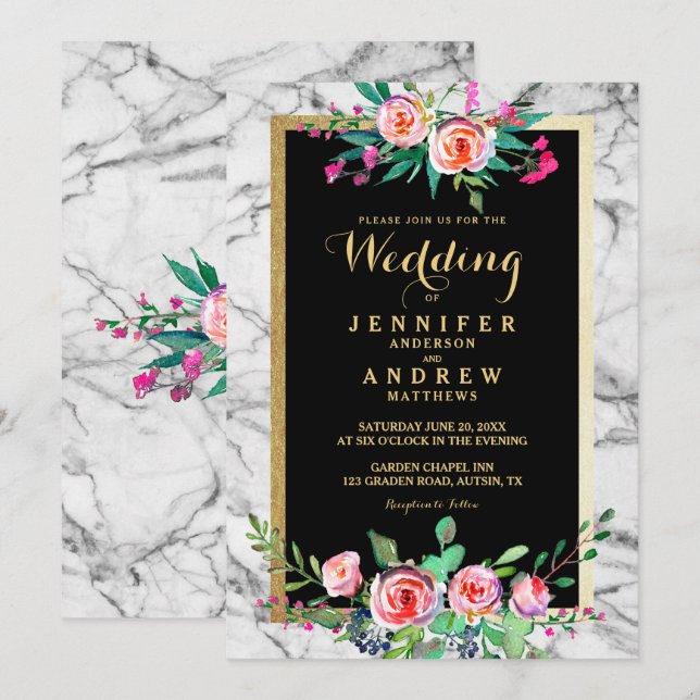 Chic Elegant Blommigt Marble Wedding bjudande Inbjudningar (Fram/baksida)