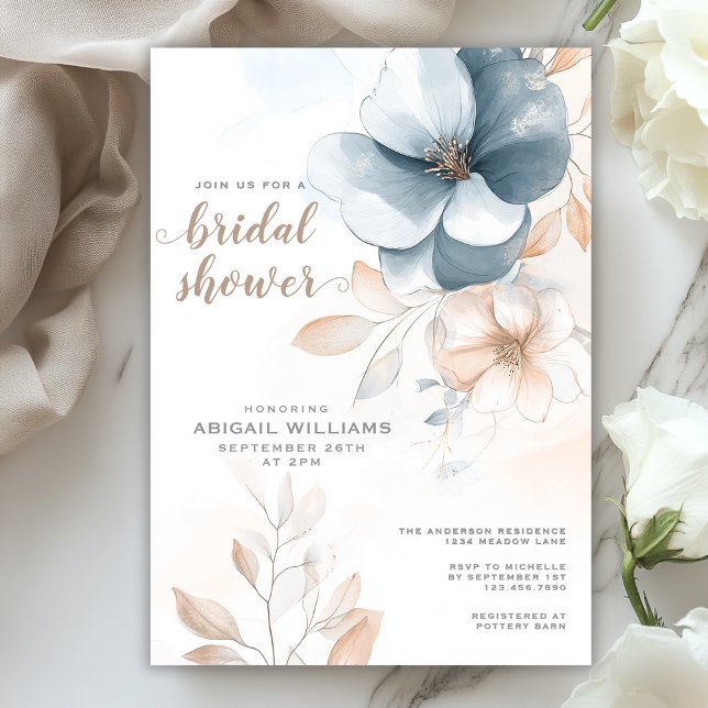 Chic Elegant Blue och  Blommigt Möhippa Inbjudningar (Chic Elegant Blue and Blush Floral Bridal Shower Invitation)