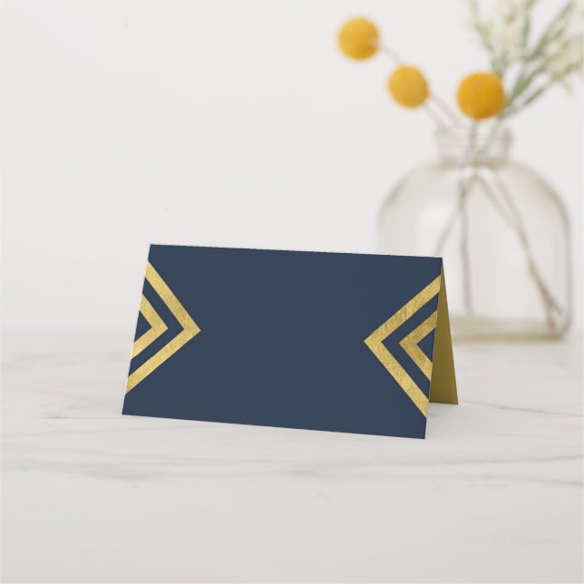 Chic Elegant Blue och Faux Guld Geometric Placeringskort (Framsida)