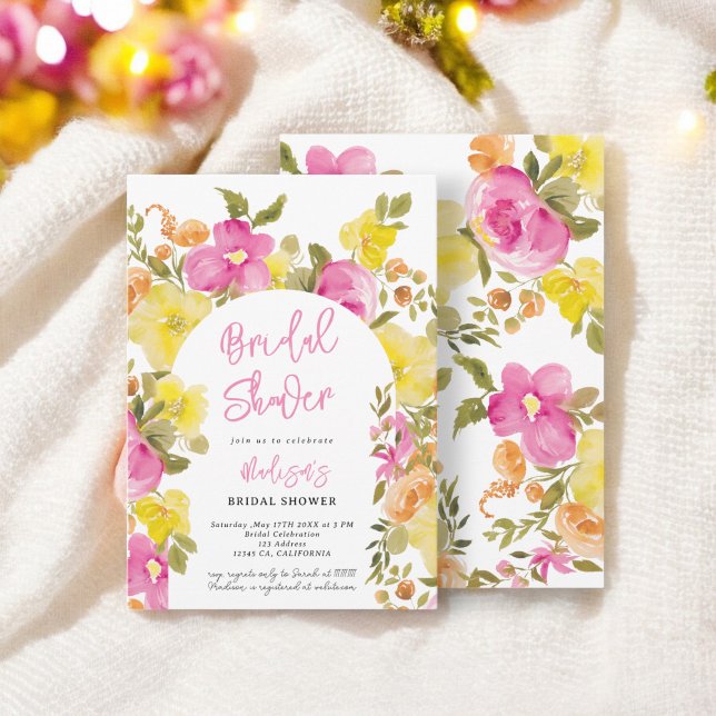 Chic elegant boho rosa gult blommigt möhippa inbjudningar (Chic elegant boho pink yellow floral bridal shower invitation)