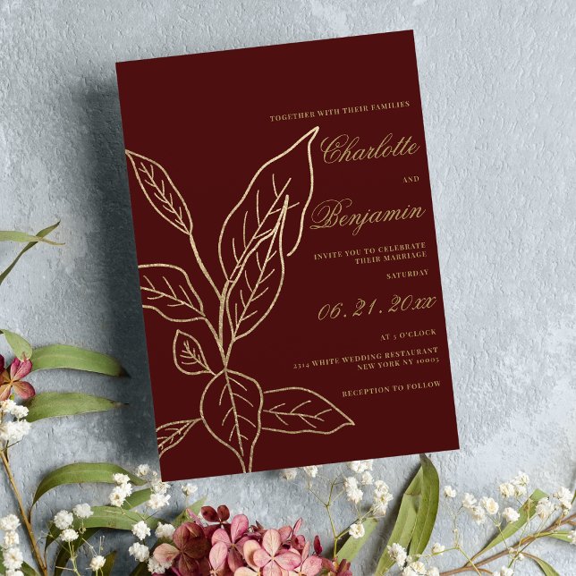 Chic elegant burgundy guld glitter blommigt bröllo inbjudningar (Chic elegant burgundy gold glitter floral wedding)