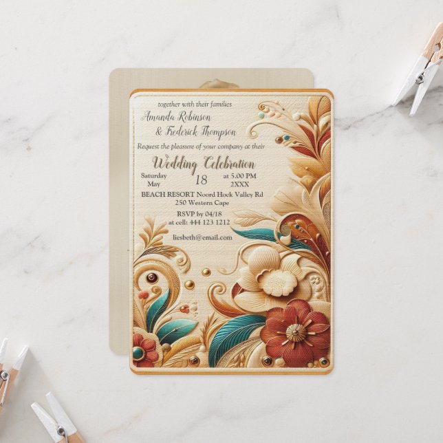 Chic, Elegant Creams och läderblomma struktur utse Inbjudningar (Fram/Back In Situ)