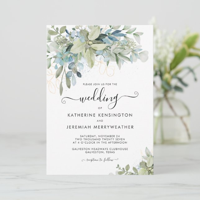 Chic Elegant Eucalyptus Greenery Script Bröllop Inbjudningar (Stående Fram)