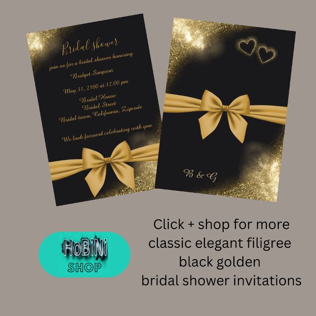 chic elegant - färgband svart gyllene möhippa inbjudningar (classic elegant filigree black golden bridal shower invitation)