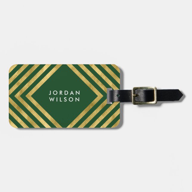 Chic Elegant Grönt Faux Guld Geometric Linjer Bagagebricka (Horisontell Framsida)