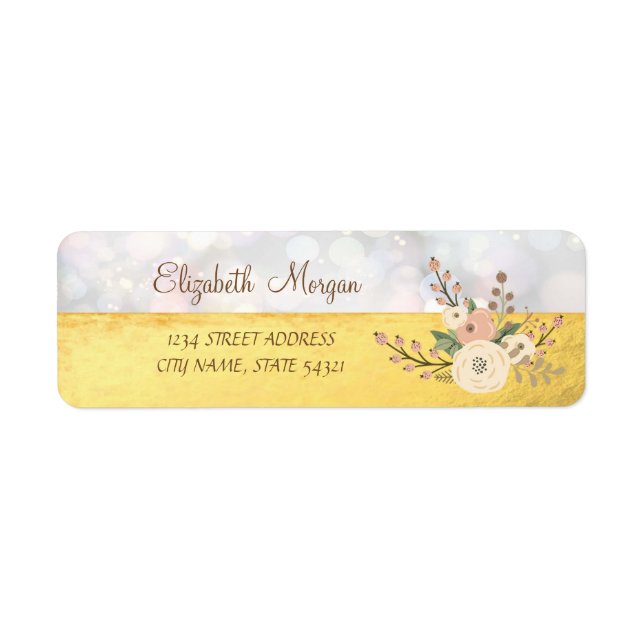 Chic Elegant,Guld,Bokeh Flower Address Label Returadress Etikett (Framsidan)