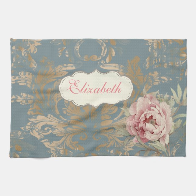 Chic Elegant Guld Damask Ro Kökshandduk (Horisontell)