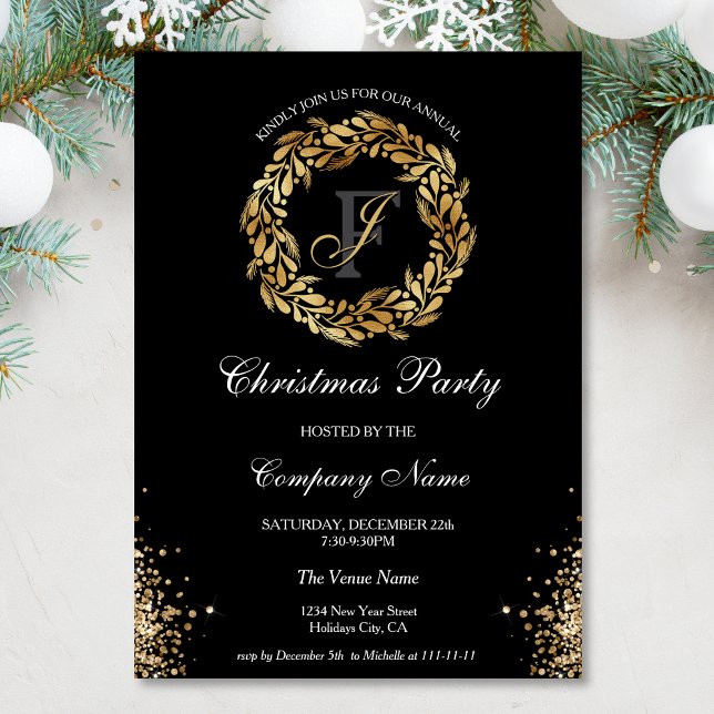 Chic Elegant Guld utandning korpral jul Party Inbjudningar (gold glitter christmas wreath)