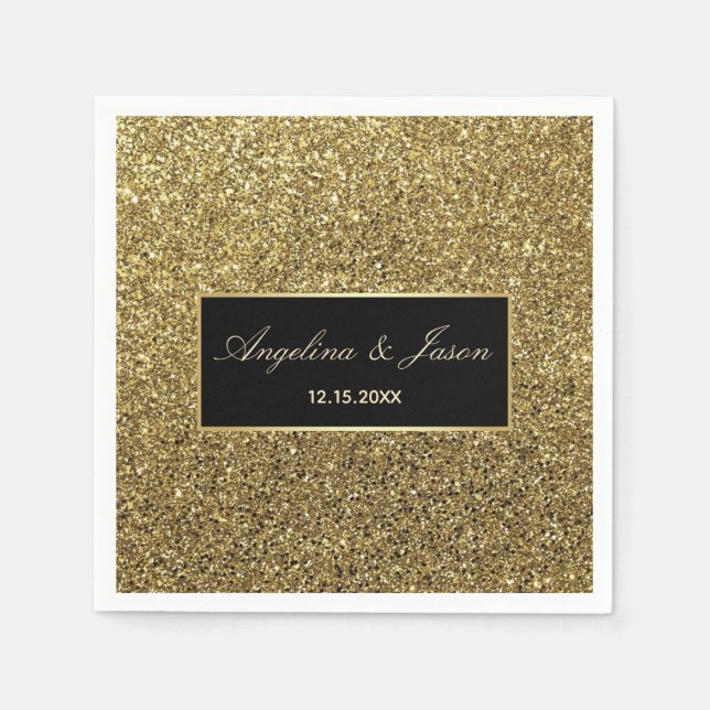 Chic Elegant Luxury Black och Guld Glitter Bröllop Pappersservett (Framsidan)
