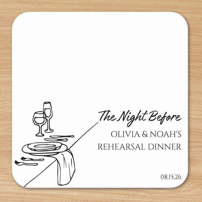 Chic Elegant Modern Personlig Rehearsal Middag Underlägg Papper Kvadrat (Set the stage for 'The Night Before' with these personalized coasters for your rehearsal dinner.)