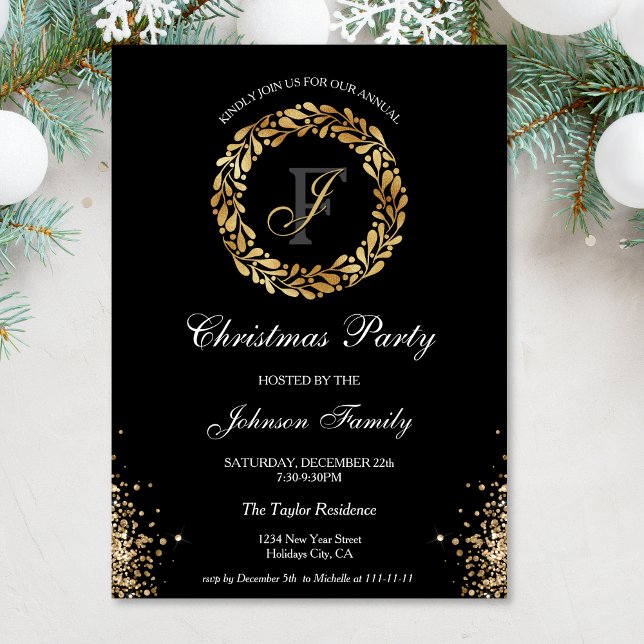 Chic Elegant Monogram God jul i Party Inbjudningar (gold glitter christmas wreath)