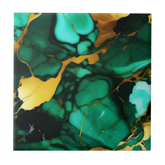 Chic Elegant mörk grönt golden gult Faux Marble Kakelplatta (Framsidan)