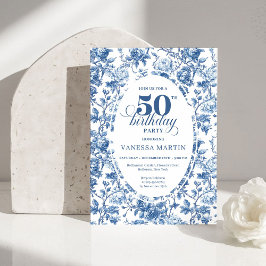 Chic Elegant Navy Toile de Jouy Rose 50th Birthday Inbjudningar