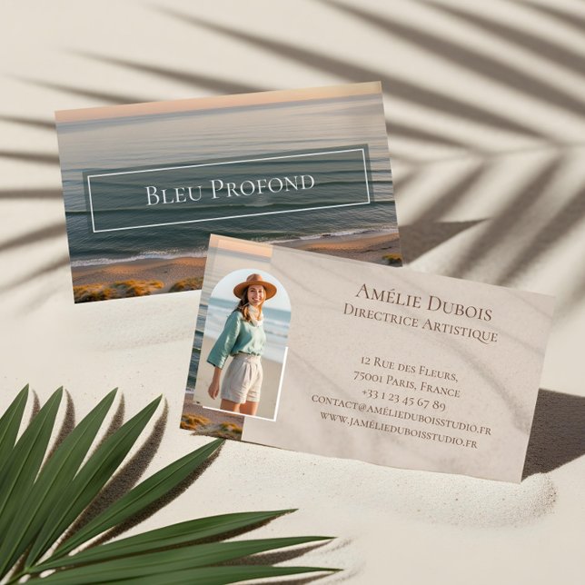 Chic Elegant Ocean Shoreline Luxury Feminine Photo Visitkort (Chic Elegant Ocean Shoreline Luxury Feminine Photo Business Card)