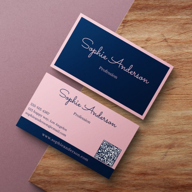 Chic Elegant Pink & Navy with QR Code  Visitkort (Skapare uppladdad)
