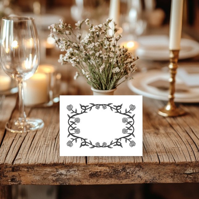 Chic Elegant Ro Ram Botaniska Blommigten B&W Placeringskort (Chic Elegant Rose Frame Botanical Floral B&W Place Card Wedding Engagement Bridal Birthday Party)