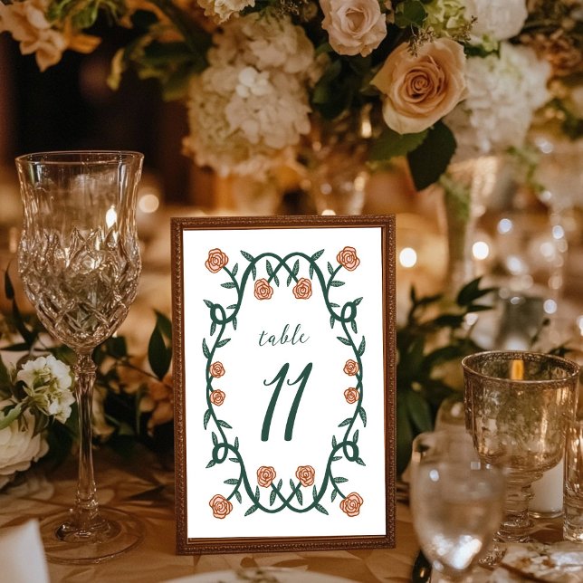 Chic Elegant Ro Ram Botaniska Blommigten GreenPink Bordsnummer (Chic Elegant Rose Frame Botanical Floral GreenPink Table Number Wedding Engagement Bridal Anniversar)