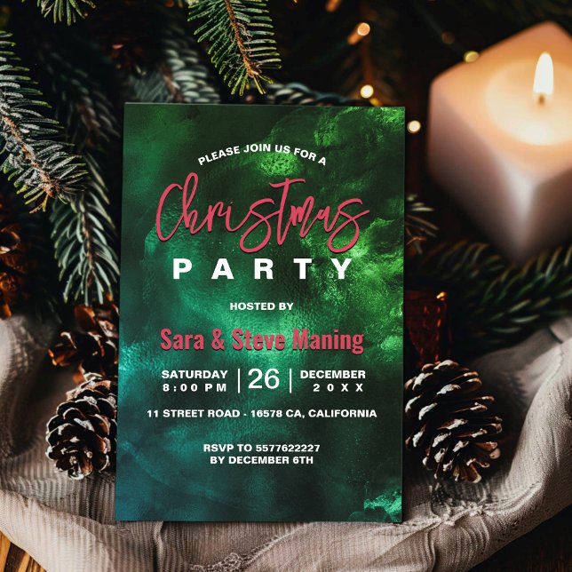 Chic elegant röd grönt marmor konst jul inbjudningar (Skapare uppladdad)