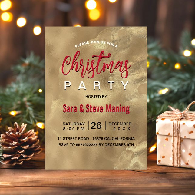 Chic elegant röd guld marmor jul inbjudningar (Skapare uppladdad)