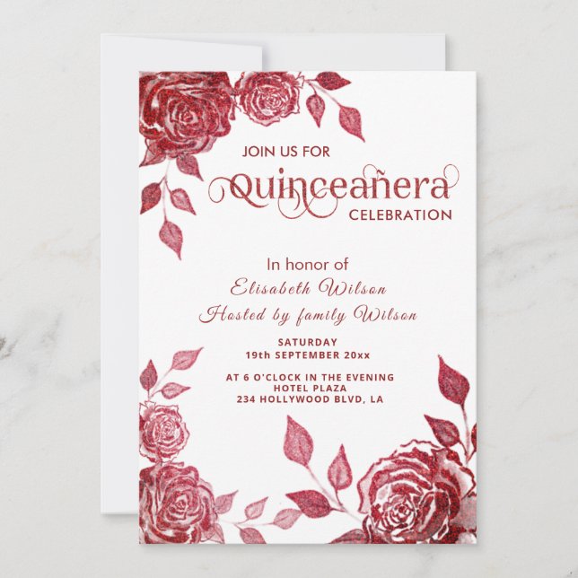 Chic elegant romantic röd ros Quinceañera Inbjudningar (Framsida)