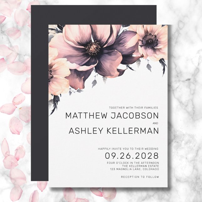 Chic Elegant Rosa  Blommigt Bröllop Inbjudningar (Chic Elegant Pink Black White Floral Wedding Invitation)