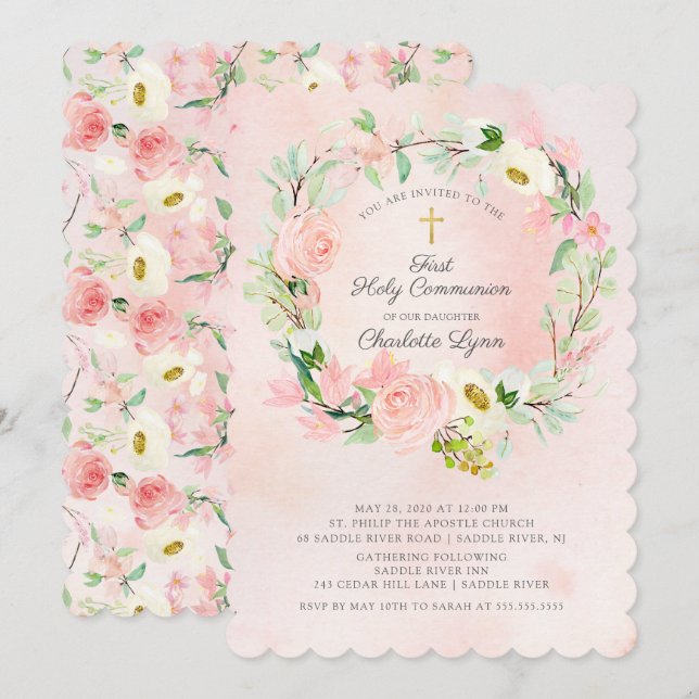 Chic & Elegant  Rosa Blommigt Första kommissionen Inbjudningar (Fram/baksida)