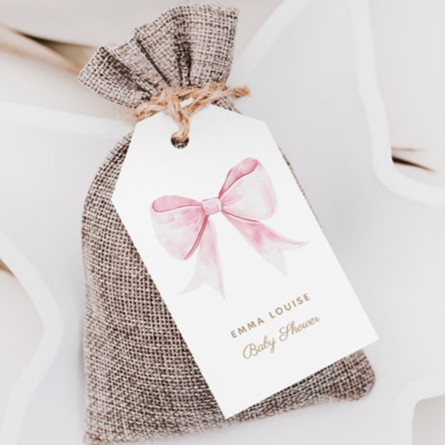 Chic Elegant Rosa Coquette Bow Baby Shower Girl Presentetikett (Skapare uppladdad)