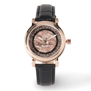 Chic Elegant Rosa Guld Leopardtryck Namn Monogram Armbandsur