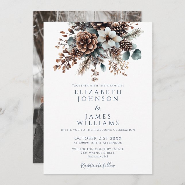 Chic Elegant Rustic Blommigt Pinecone Photo Bröllo Inbjudningar (Fram/baksida)