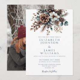 Chic Elegant Rustic Blommigt Pinecone Photo Bröllo Inbjudningar