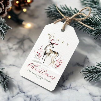 Chic Elegant Rustic Watercolor Deer Christmas Presentetikett