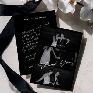 Chic Elegant Script Black 3 Photo Bröllop Tack Kort