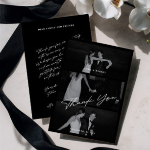 Chic Elegant Script Black 3 Photo Bröllop Tack Kort