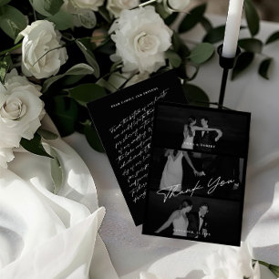Chic Elegant Script Black 3 Photo Bröllop Tack Kort