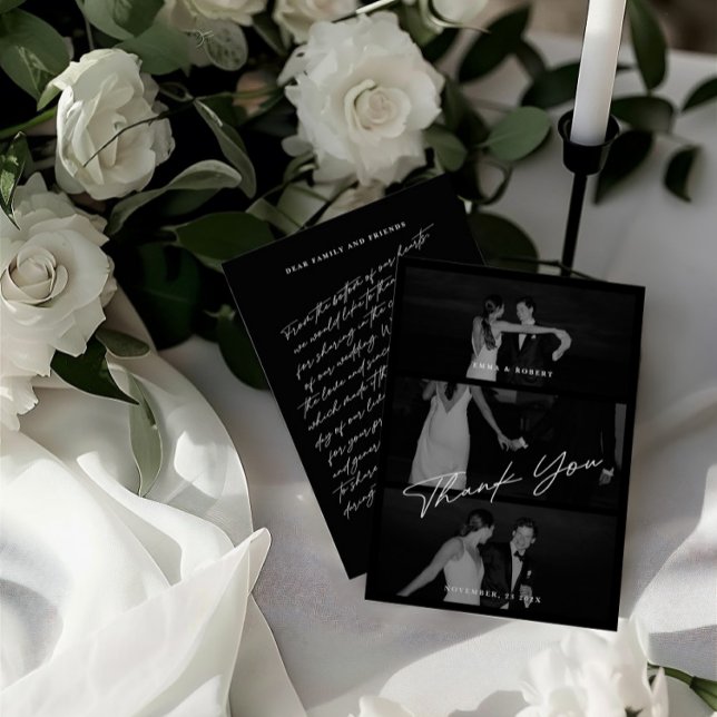 Chic Elegant Script Black 3 Photo Bröllop Tack Kort (Chic Elegant Script Black 3 Photo Wedding Thank You Card)