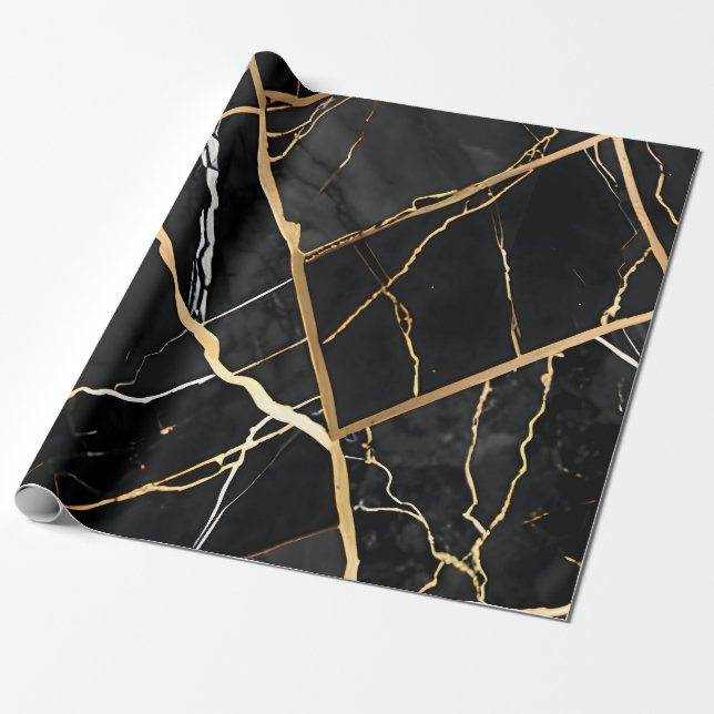 Chic Elegant svart golden gult Faux Marble Presentpapper (Utrullad)