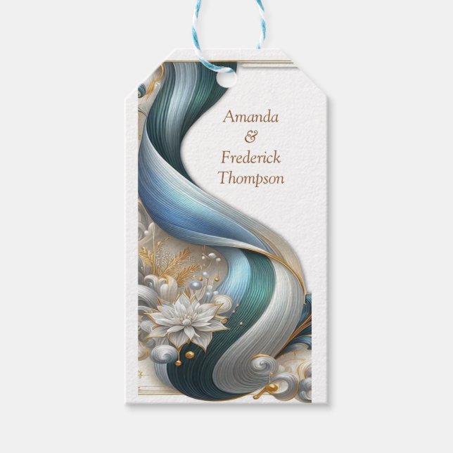 Chic Elegant Swirls in Guld, Silver, Blue, Gult Presentetikett (Framsidan)